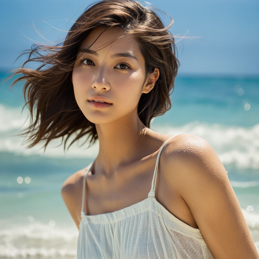A hyper-realistic image of a single Japanese woman in her early 20s, captured with the nostalgic warmth and pronounced graininess of a film camera, showing her from the shoulders up as she stands on a sunlit beach. Her skin has a warm beige tone with a natural, visibly rough texture that includes pronounced pores, fine lines, and subtle imperfections such as small blemishes, slight unevenness, and a hint of sun exposure, contributing to the authenticity of her appearance. The texture of her skin is intentionally less smooth, with a tangible roughness that enhances the realism, making the surface appear slightly weathered by the elements. The soft, diffused natural light illuminates her face and shoulders with a gentle touch, casting shadows that subtly reveal the unevenness of her skin. Her straight, glossy black hair flows naturally in the ocean breeze, framing her face, and her deep brown eyes reflect the soft sunlight and the shimmering sea. The film camera effect amplifies the grain and texture, creating a warm, nostalgic atmosphere while maintaining the deliberately rougher, less polished texture of her skin. The composition, focused on her upper body, captures the serene elegance of the beach setting, highlighting the natural interaction of light and shadow on her skin. This combination of a rough, realistic skin texture, soft natural light, and the grainy film-like qualities ensures that the image presents an authentic, lifelike portrayal of the woman, centered on her face and shoulders.