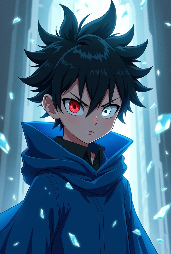 A young dark-haired anime boy with spiky black hair,one white eye and one red,a blue overcoat and shards of glass floating around