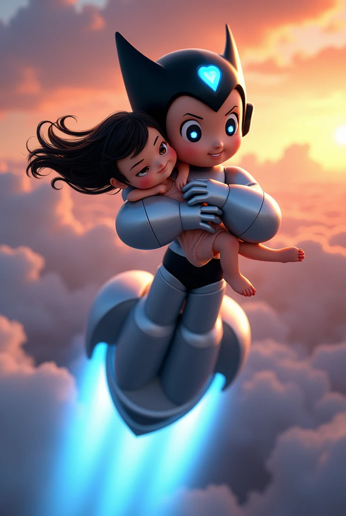 astro boy from the 2009 film caring a girl in his arms while rocket boosting in the air
