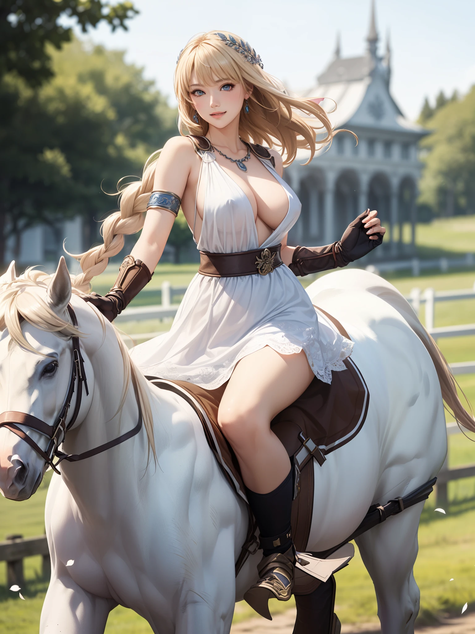 Armpit Show,((Riding a white horse:1.5)),(masterpiece, Very detailed,8k, high quality, Best image quality)、Realistic,Long eyelashes、eyeliner、eyeliner、highlight、Eye light、(Glowing Skin:1.5、Big Breasts:1.3,Cleavage、Thick thighs、Hair blowing in the wind、A chest with a strong presence)、smile、(masterpiece, Very detailed,8k, high quality, Best image quality)、(Sophitia_White Dress_iwife、blonde、Long Hair、Braiding、blue eyes、jewelry、arms、Cleavage、sword、armor、shield、Earrings、片Braiding、White Dress、Nipple concealment,belt、See through、armored dress、hair ornaments、White Dress、arms保持、very Long Hair、lips、Exposing shoulders、bangs、gloves、Hair Ribbon、necklace、skirt、clavicle、wing、Revealing clothing、Bangles、肘gloves、Greek clothing、Braidingポニーテール,Temple)、Blur the background、Goddess of War、In combat、Petals fluttering