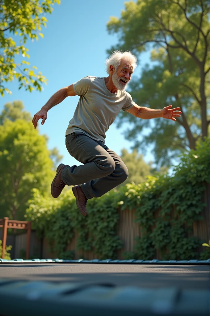 Elderly man jumping on a trampoline with his legs bent in a profile view