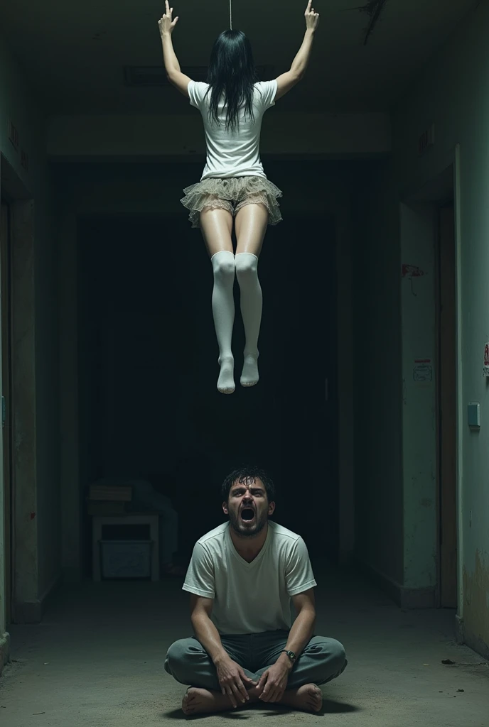 Scene of female student wearing white thigh high socks hanging herself to death ,hovering in the air , a man sitting on the ground in panic 