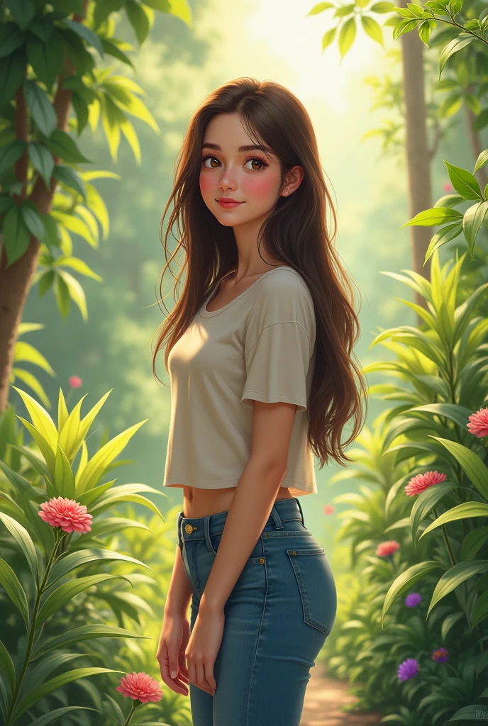 A young brunette girl with long, straight hair casually standing in a lush garden. She is dressed in a simple, everyday outfit like jeans and a light top, exuding a natural and approachable vibe. The garden is vibrant, filled with green plants, colorful flowers, and sunlight filtering through the leaves, creating a serene and peaceful atmosphere. The girl has a gentle smile, enjoying the fresh air and the calm surroundings of the garden.