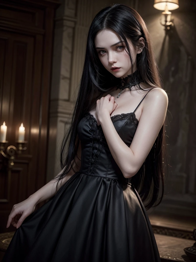 Create a stylish and powerful vampire, with long black hair and bright red eyes. Your skin is pale and flawless, and she wears a sophisticated gothic dress, Dark in color, with subtle silver or red details. next to her, include another girl with a puzzled or scared expression, with hair and clothes that contrast with the vampire, perhaps in lighter tones or with a more modern style. The background should be a dark and mysterious environment., like an ancient castle or a mansion, with soft lighting that highlights the figures.