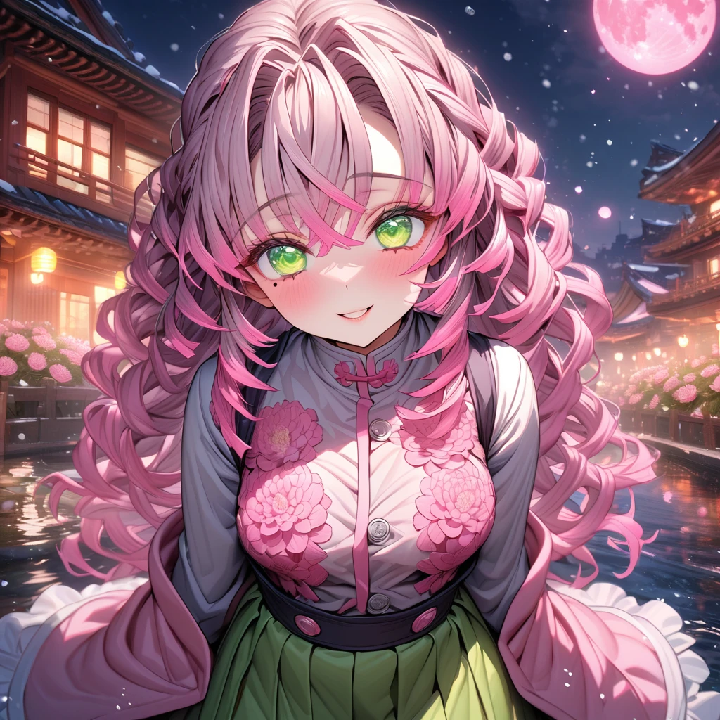 absurdities, High resolution, ultra detailed, HdR, masterpiece, Best Quality, extremely detailed, Mitsuri Kanroji, pink hair, expressive green eyes, mole under the eyes, Kimetsu no yaiba, Alone, women, beautiful, smile, Turquoise full nurse uniform , snowing on the chest, green skirt, fancy, Water, sparkling, bright pink fireflies, pink moon, pink flowers, pink chrysanthemums, pink sparkling lights, starry sky, magical