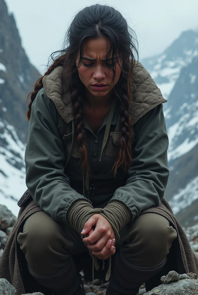A woman from the mountains with her hands tied, kneeling and crying