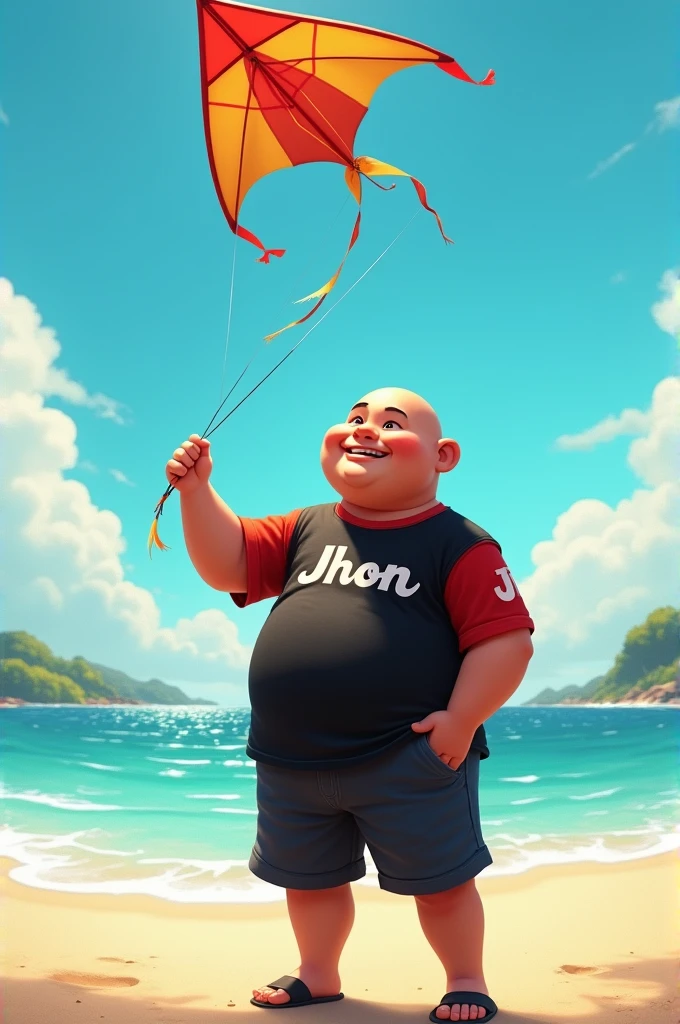 a chubby young man ,almost bald hair , eyes browns , with the black and red shirt written jhon, black shorts , from the coast flying a kite on the beach vivid colors 4k