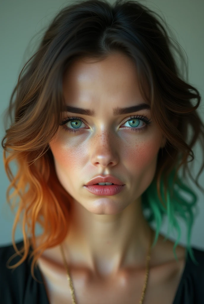 A 4K portrait of a 30-year-old brunette Argentinian woman with rainbow-colored blonde hair and emerald green eyes, depicted with intense negative emotions. She is dressed in elegant clothing, but her appearance is marked by a profound sense of sadness, horror, and distress.