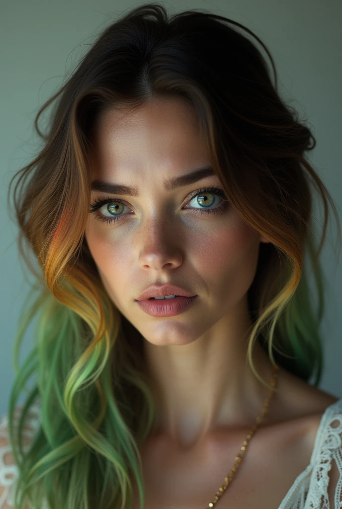 A 4K portrait of a 30-year-old brunette Argentinian woman with rainbow-colored blonde hair and emerald green eyes, depicted with intense negative emotions. She is dressed in elegant clothing, but her appearance is marked by a profound sense of sadness, horror, and distress.