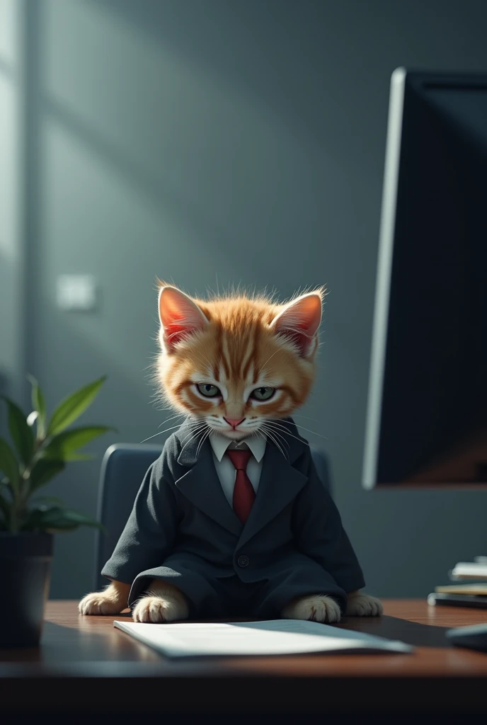 Detailed prompts to create AI-generated images based on your requests.:
「A small kitten with a tired expression、Wearing an oversized business suit、sitting at a desk in a modern office。 The kitten's fur looks a little messy.、There are signs of fatigue on the face、She has dark circles under her eyes。 The background is a dimly lit office space.、It contributes to the overall gloomy atmosphere.。 The office is cold and grey.、Minimal lighting casts long shadows。 The kitten is in a downward position.、staring blankly at a computer screen。 A small and delicate kitten、A contrast to the harsh environment of a typical office、It highlights the company's fatigue.。"