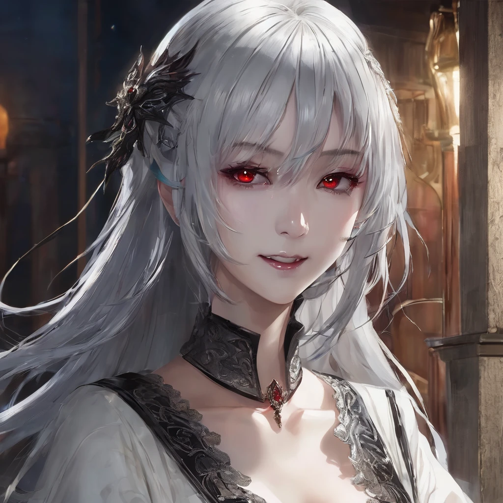 One girl, Long Hair、White Hair、Silver Hair．jagged teeth．
Pointy Ears, masterpiece, とてもLong Hair, Gray Hair, Lady wearing a white dress、テレサ姫は吸血鬼でjagged teethを持つ舌の長い巨胸な令嬢です。White wax skin、Dark Background、Suspicious background、Pale background、Bed in a dark room、Red colored eyes, Blue Mouth、masterpiece, Gaze, Bangs between the eyes, Female monster、Beautiful Vampire、White wax skin、Show your fangs、Attacking a person、Snake-like eyes、Royal Vampire、Gothic、masterpiece, High resolution, accurate, smile, Open your mouth a little, Attacked by tentacles
