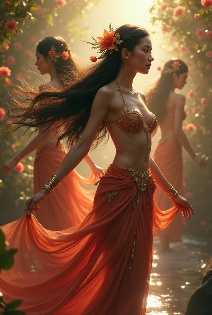 "A hyper-realistic depiction of the Apsaras, the celestial nymphs of Hindu and Buddhist mythology, exuding irresistible seduction and ethereal beauty. They are portrayed as stunning, graceful and very sexy figures, with lithe and delicate bodies that seem to float effortlessly in the air, big breasts and butt. Their skin glows with a soft, golden hue, almost translucent, highlighting their divine origin. Each Apsara has large, almond-shaped eyes that sparkle with mischief and allure, their gaze both inviting and mysterious. Their lips are full and slightly parted, as if about to whisper a secret, adding to their seductive charm.
Their long, flowing hair, black as the night and lustrous, cascades down their backs in waves, adorned with intricate floral garlands that shimmer with gold and jewels. They are dressed in elegant, flowing silks that cling to their forms, accentuating their curves while leaving just enough to the imagination. The fabrics are richly colored, in deep reds, golds, and purples, embroidered with delicate patterns that catch the light as they move.
The Apsaras are surrounded by an otherworldly glow, their movements fluid and hypnotic, as they dance gracefully through the air. Around them, the scene is set in a lush, heavenly garden, filled with exotic flowers and flowing streams, enhancing the dreamlike quality of their presence. Every detail of their appearance and environment emphasizes their divine beauty and the seductive allure that has captivated gods and mortals alike."