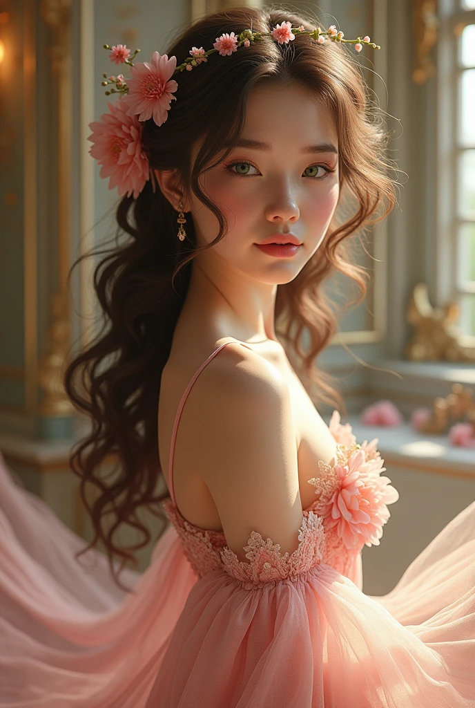 a nymph with light brown skin, green eyes and curly brown hair dressed in an elegant Victorian era dress in a castle, It is light pink