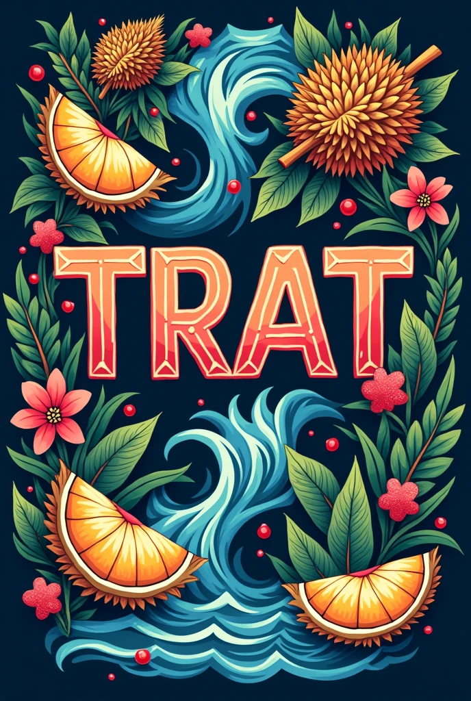 Make a shirt with the word TRAT and decorate it with the sea, durian, red gems and longan.