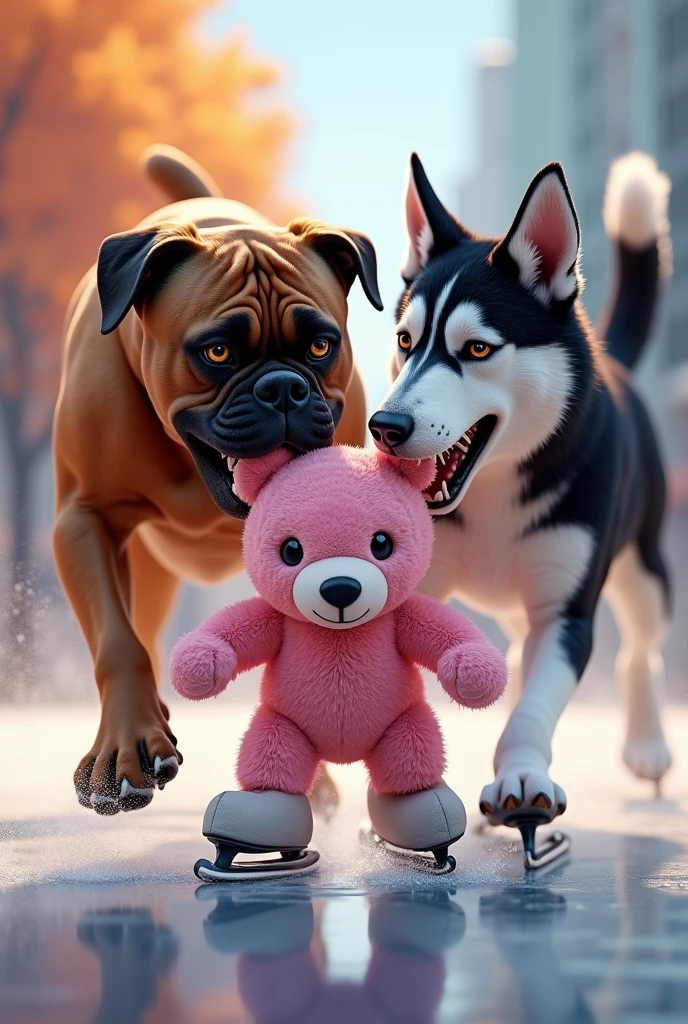 Create a realistic image of two dogs biting a teddy bear from the make friends pink axolotl model on skates, being one of the dogs a brown boxer and a black and white husky.