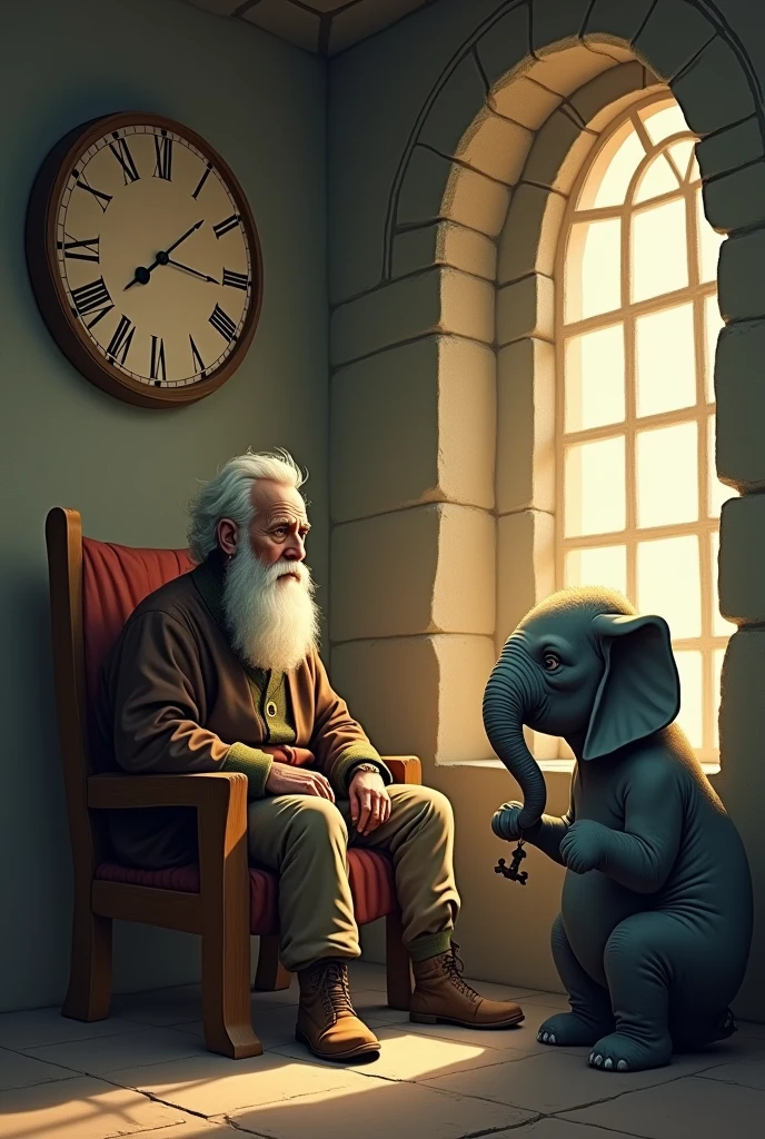 Man sitting on a wooden chair, with a contemplative expression on his face. Behind him, A large wall clock is seen with hands that seem to move slowly. The hermit holds a clock key in his hand at his side, you see the elephant, his friend and companion, looking at the hermit with an expression of understanding and support. 

The background of the image can be a simple but cozy room, with stone walls and a window that lets in natural light. The lighting can be soft and warm., symbolizing tranquility and reflection.

the image conveys a sense of calm, contemplation and friendship, and can be used to illustrate the work "The Hermit of the Clock" or to inspire reflection and meditation.
