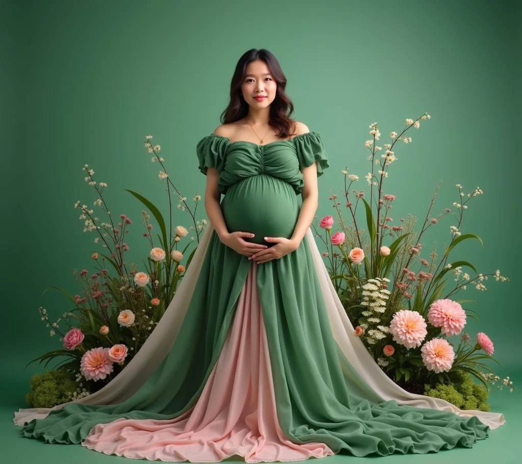 pregnant woman in green dress standing in front of a flower garden, a colorized photo inspired by Kim Du-ryang, shutterstock contest winner, conceptual art, draped in fleshy green and pink, maternal photography 4 k, full body portrait shot, full body photograph, green and pink, full body photoshoot, full body wide shot, full body portrait, award winning studio photo
