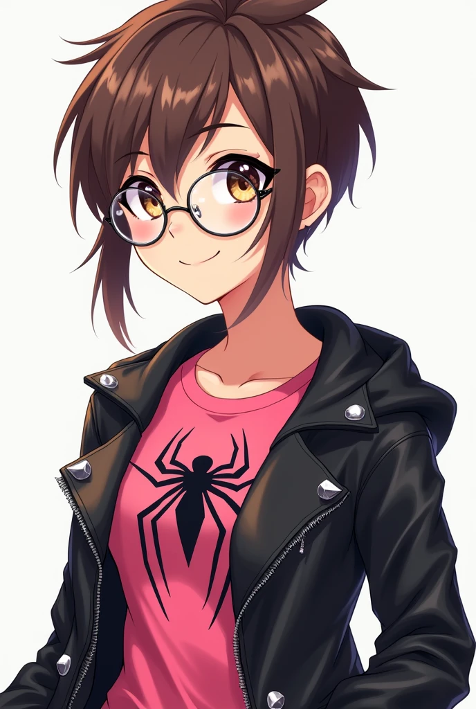I want a girl, twenty years old, big brown eyes long eyelashes, natural makeup a light brown with shine, small but fleshy mouth, Spiky Pixie Brown Hair, a tight pink shirt type red top with the spiderman logo on the chest over it a leather jacket, black spikes, slim facial features but with defined cheekbones, smiling, wearing round clear glasses, anime style