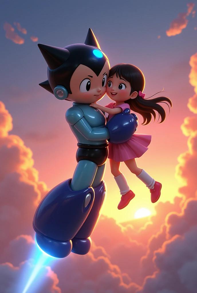 astro boy from the 2009 film caring a girl in his arms while rocket boosting in the air