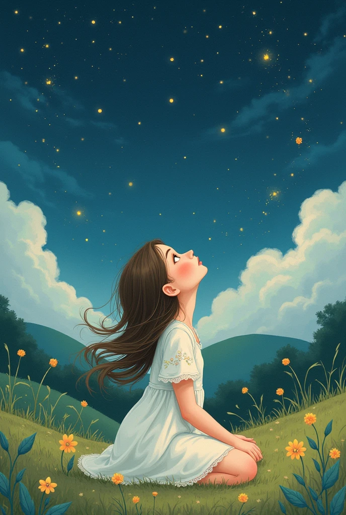 A drawing of a girl looking at the stars 