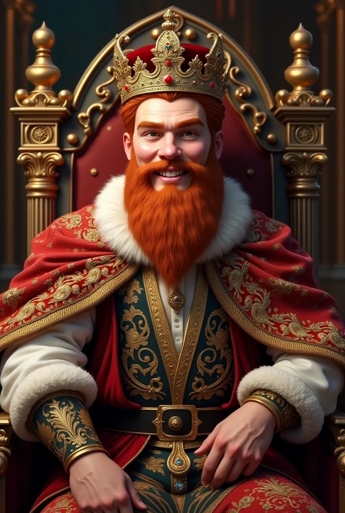 A handsome king with a beard, red hair and a cheerful face