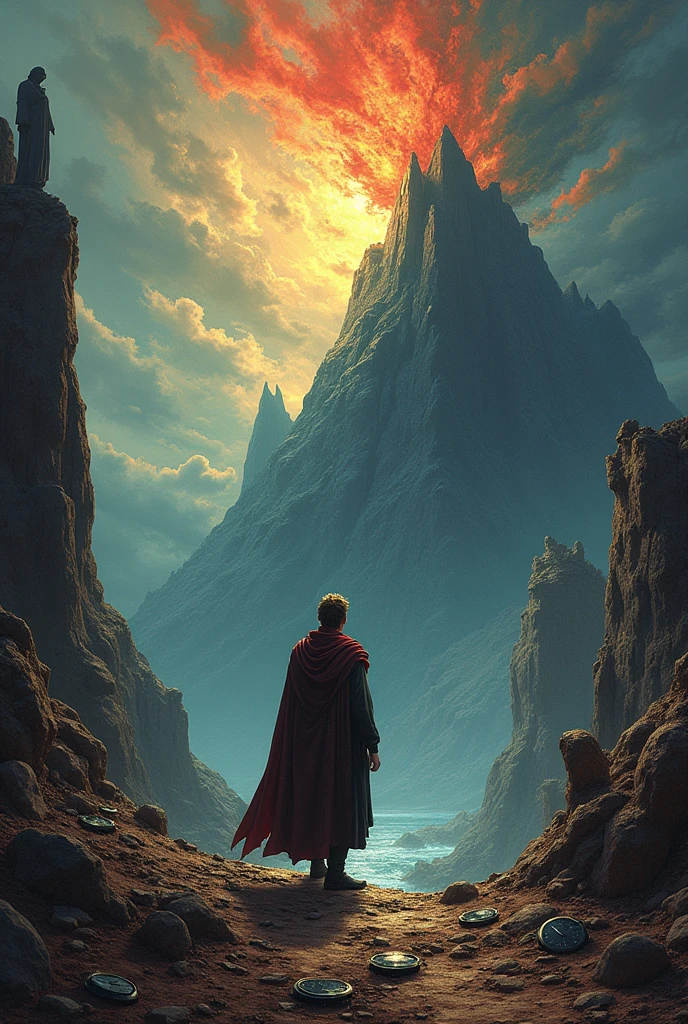 In the center of the composition, We see Nietzsche as a central figure, a kind of vagabond or philosophical traveler, with an expression of intense reflection. He wears a cape that dissolves into a whirlwind of intense colors, symbolizing his break with established moral structures.
Around it, The landscape is dramatic and surreal: a vast abyss opens before him, representing emptiness and freedom beyond conventional limits. This abyss is dotted with abstract shapes and shadows, which represent the old paradigms and moral standards that Nietzsche challenges.
in the sky, A mix of dark and light tones suggests the duality between chaos and the possibility of a new creation.. Dark tones represent nihilism and the dissolution of traditional values., while flashes of light suggest the emergence of new forms of existence and meaning.
Around the abyss, Abstract figures that look like fragments of classical statues and crumbling human figures symbolize the decline of old ideologies and the break with rigid moral norms.. Some of these figures are disintegrating, while others seem to be emerging or reforming, representing the process of creating new values.
On one side of the abyss, A mountain rises up that splits into multiple peaks, suggesting the arduous and challenging path towards a new vision of existence, in which the individual must forge his own path amidst uncertainty and complexity.
Finally, at the bottom of the illustration, A series of broken clocks and cracked mirrors represents the relativity of time and perception, and how old truths crumble before Nietzsche's new perspective.