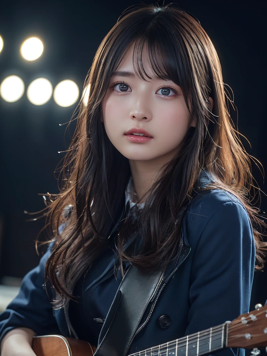 Highest quality,High resolution,Beautiful Eyes,Detailed Background,[Backlight],(Facial lighting),[close:0.8],(8k、RAW Photos、Highest quality、masterpiece:1.2)、(Realistic、Live Performance Venues、support