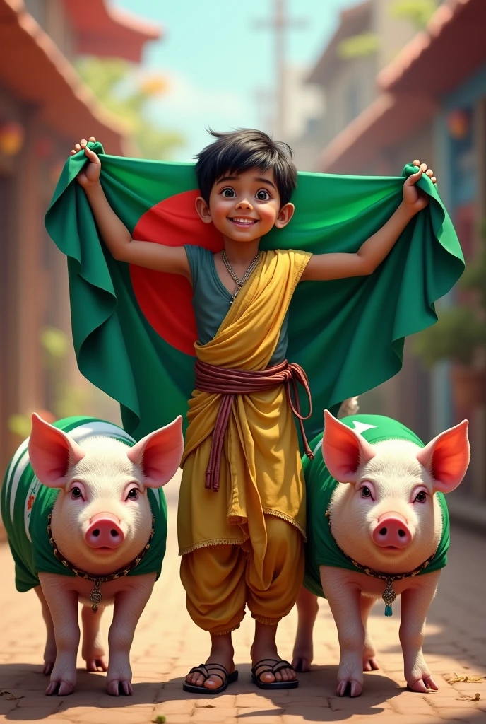 Bangladeshi  young boy Wearing bangladeshi flag.  With 2 pigs, one pig is wearing indian flag and other pig is wearing pakistani flag. Both flag must visible clearly