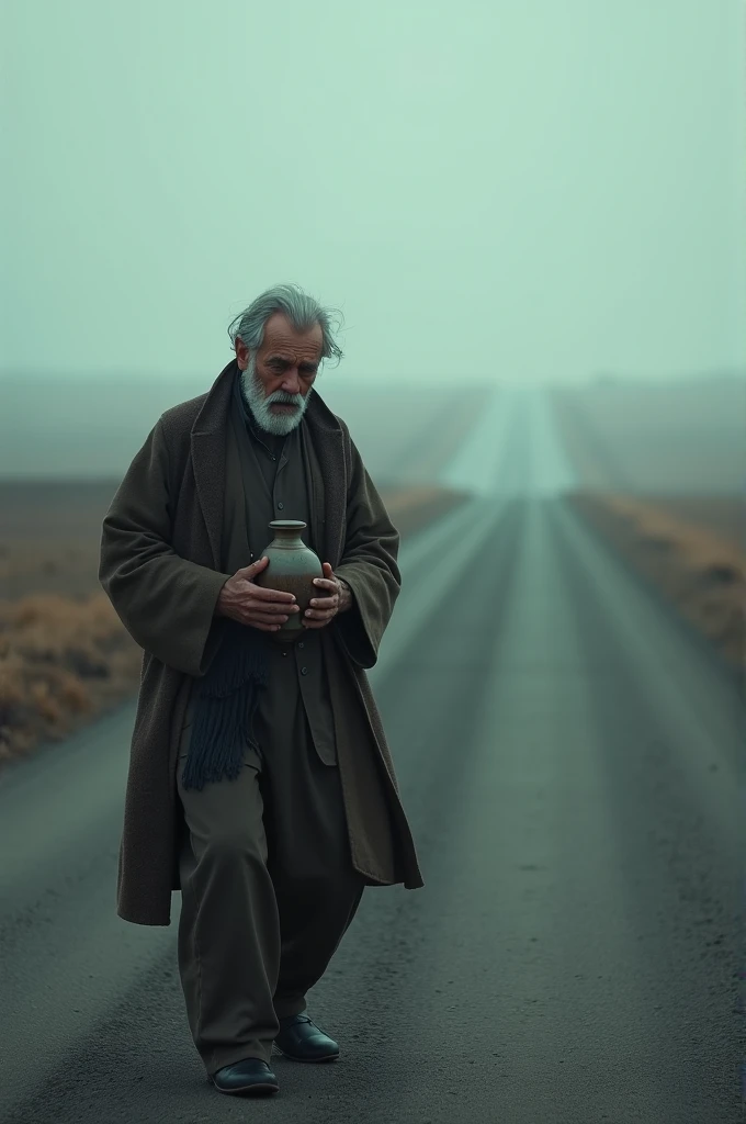 (Shot of Margarito walking alone along a desolate road with a small urn in his hands. The sky is grey and cold.)