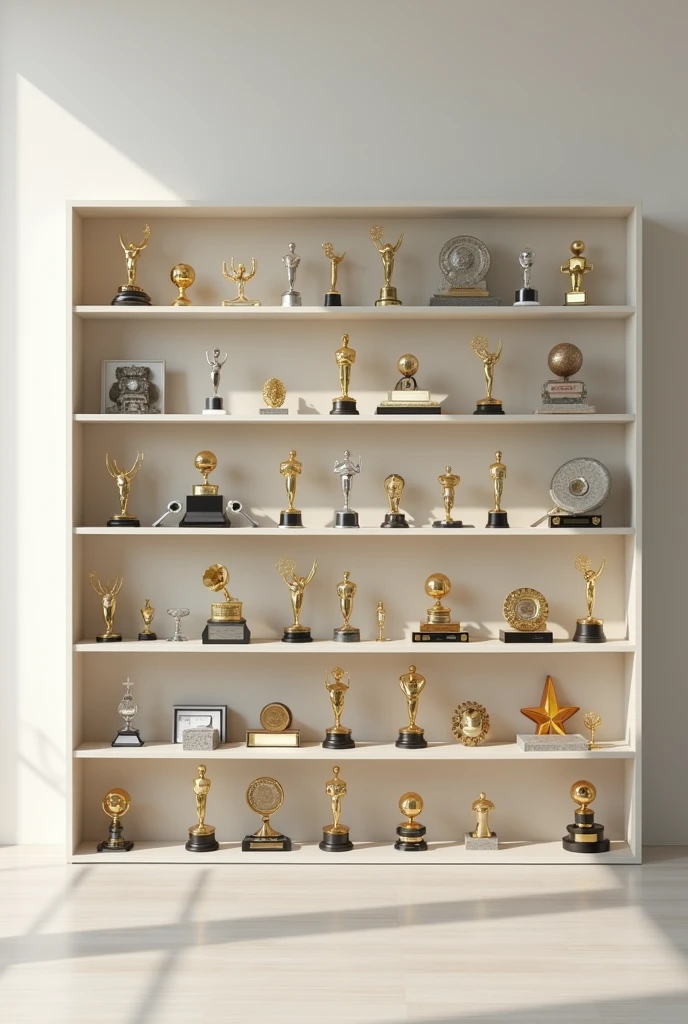 create a shelf with 18 entertainment awards, I will include a variety of recognizable trophies from the music world, movie theater, and television, like Oscars, Emmys, Golden Globes, Grammys, and others. The shelf will have a modern and minimalist design, with the prizes organized in a harmonious way.