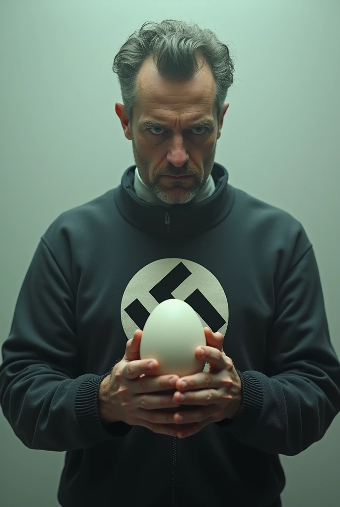 Jordan Peterson holding an egg while wearing a nazi emblem