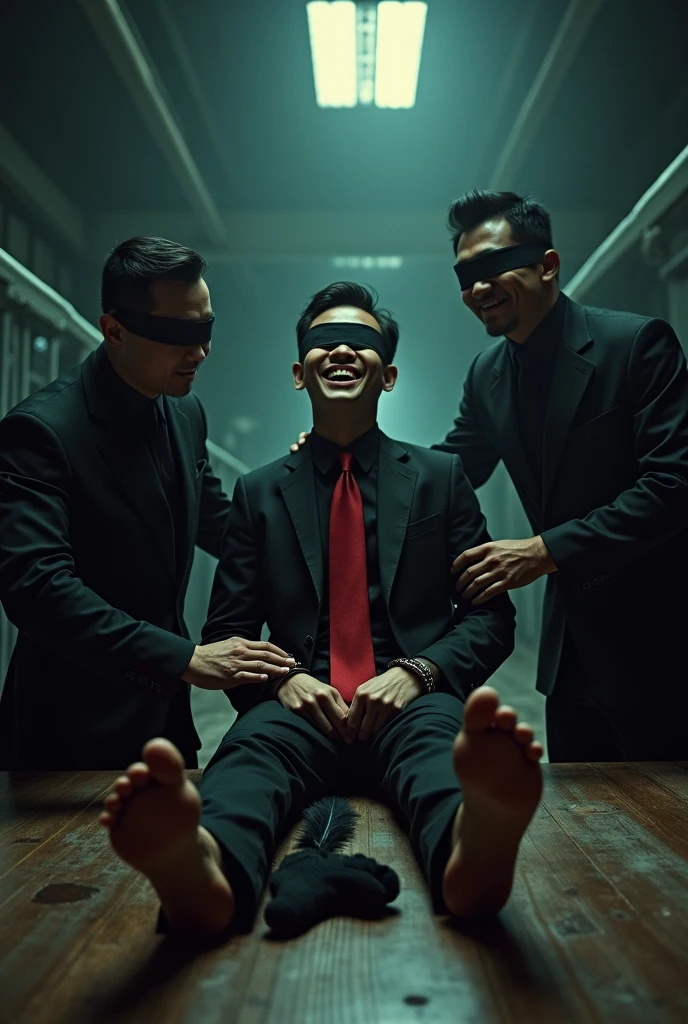 Malaysia malay handsome  21 years student 
He laugh very hard
His hand handcuff in  abondon warehouse 
Blindfolded
handcuff
Black Work Outfit Red tie
Focus feet on desk
feather duster on desk
Blacksock  on desk
2  evil mafia rub  his feet
