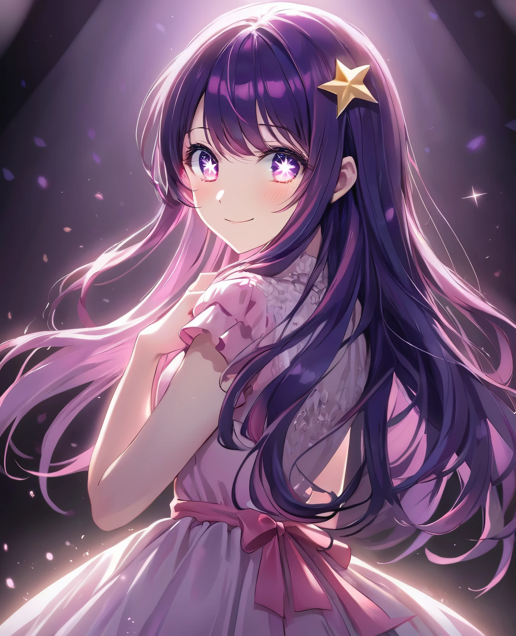 Hoshino Ai、Idol、Beautiful purple and pink eyes、The shining star painted in your eyes、Glowing effect、My Favorites、Illuminated by a spotlight、A radiant smile、Long Hair、dress、Dark purple hair、masterpiece、Highest quality、Perfect Face、Facing forward、Gazing at the audience、Beautiful eyes and hair、Cute face、Perfect Face立ち