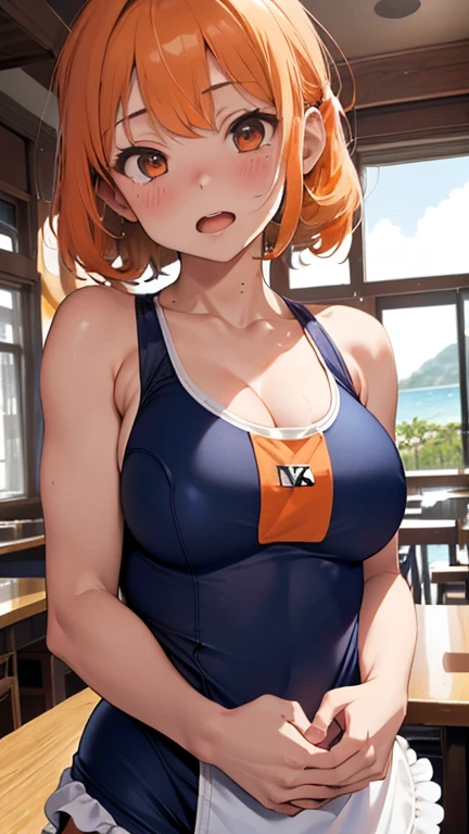 mastute piece,Best Quality,insanely detailed,8k cg,nsfw,
(shoot upper body:1.3),
(1girls:1.3),standing,looking at viewr,body in front,((both arms behind back:1.4)),(navy blue school swimsuit:1.2,waitress:1.2,apron:1.4),エプロン:1.4、(bare breasts:1.2),break,
blush,shy,(ecstasy face),(trembling:1.2),break,(light orange hair:1.2),
break,
perfect breasts,perfect teats,(open mouth:0.9),(large breasts:1.3),
(beach house:1.1)