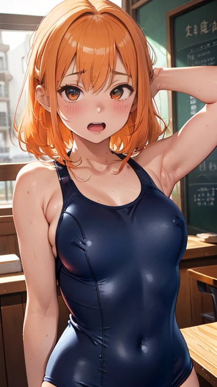 mastute piece,Best Quality,insanely detailed,8k cg,nsfw,
(shoot upper body:1.3),
(1girls:1.3),standing,looking at viewr,body in front,((both arms behind back:1.4)),(navy blue school swimsuit:1.2,waitress:1.2,apron:1.4),エプロン:1.4、(bare breasts:1.2),break,
blush,shy,(ecstasy face),(trembling:1.2),break,(light orange hair:1.2),
break,
perfect breasts,perfect teats,(open mouth:0.9),(large breasts:1.3),
(beach house:1.1)