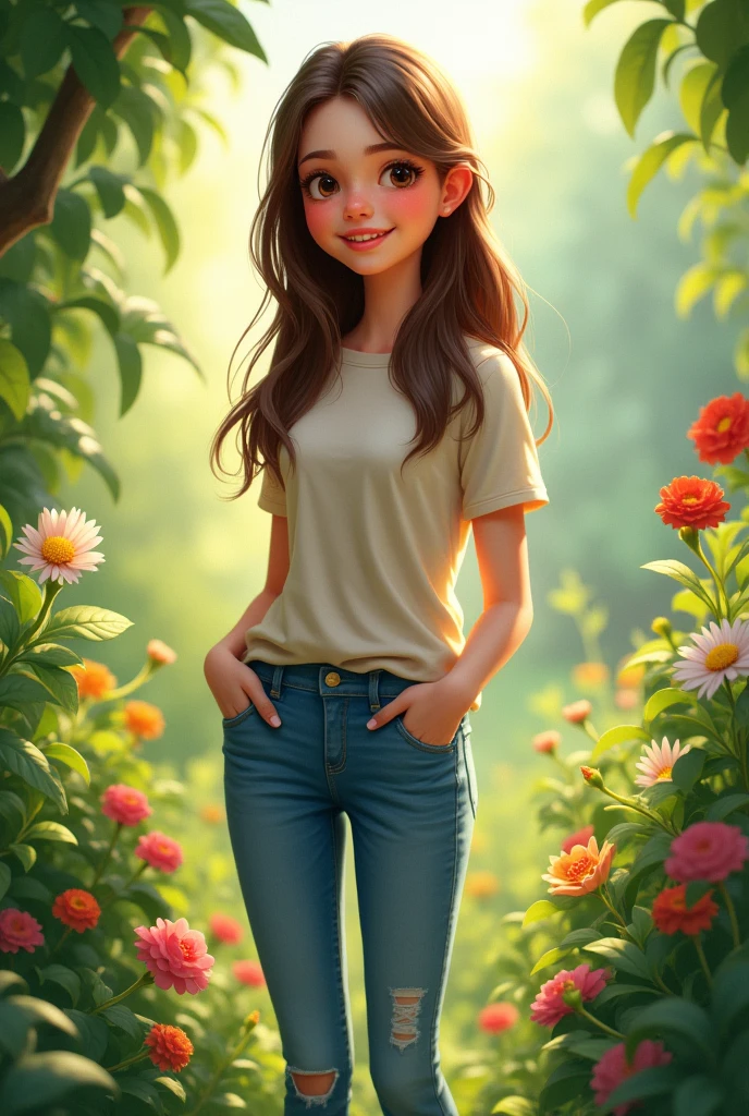 A realist young brunette girl with long, straight hair casually standing in a lush garden. She is dressed in a simple, everyday outfit like jeans and a light top, exuding a natural and approachable vibe. The garden is vibrant, filled with green plants, colorful flowers, and sunlight filtering through the leaves, creating a serene and peaceful atmosphere. The girl has a gentle smile, enjoying the fresh air and the calm surroundings of the garden.