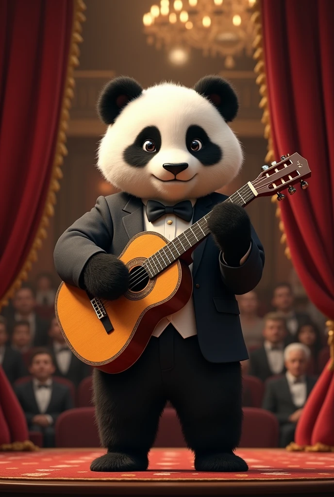 Draw a semi realistic panda, pleasant and determined look, I want him to wear elegant clothes and play a classical guitar giving a concert in a theater.. 