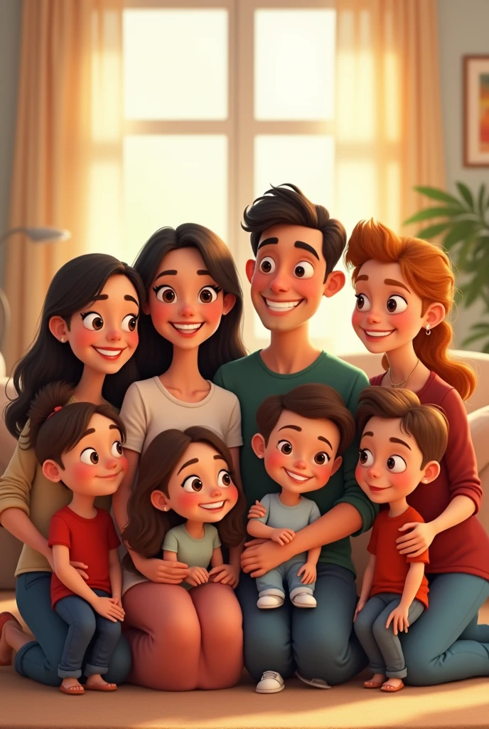An animated family of 7 members: An adult woman an adult man, two age girls, two littd a baby boy