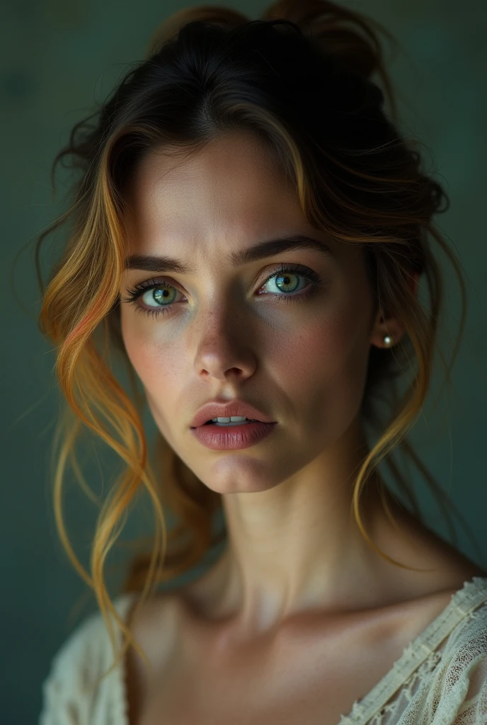 A 4K portrait of a 30-year-old brunette Argentinian woman with rainbow-colored blonde hair and emerald green eyes, depicted in full body with intense negative emotions. She is dressed in elegant clothing, but her appearance is deeply affected by sadness, horror, and distress.