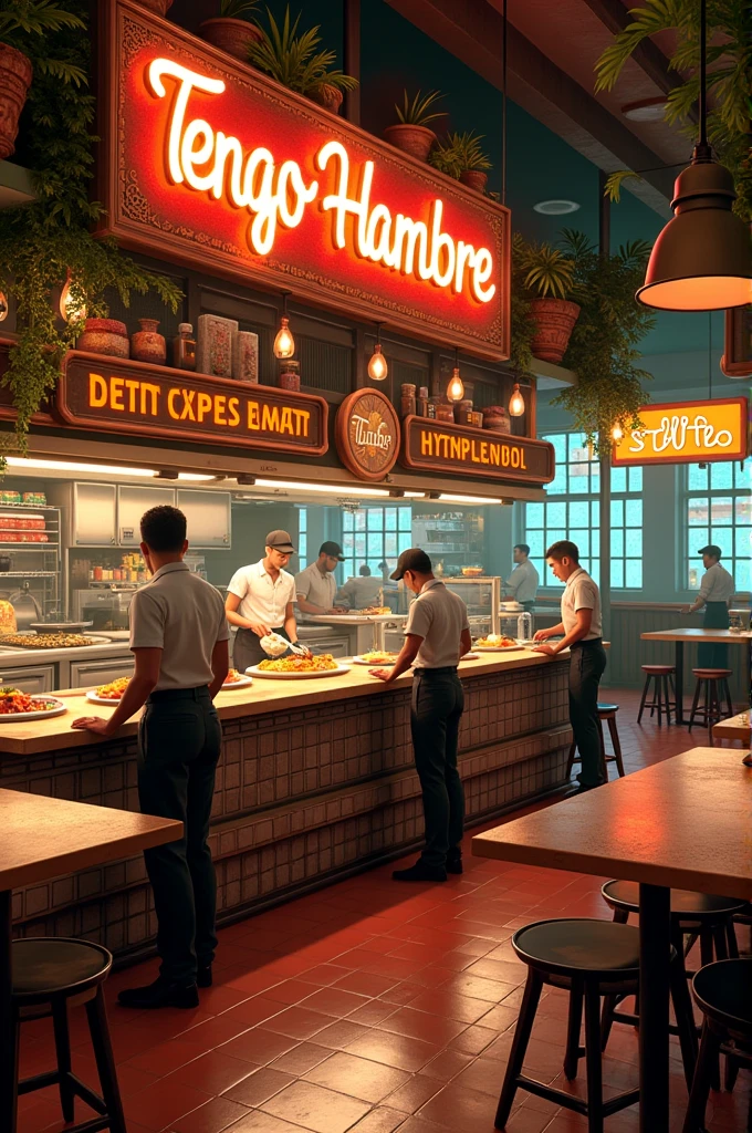 A hyperreal image of a big restaurant named "tengo Hambre" detailed with Caribbean food and fried chicken, employee working with the uniforms
