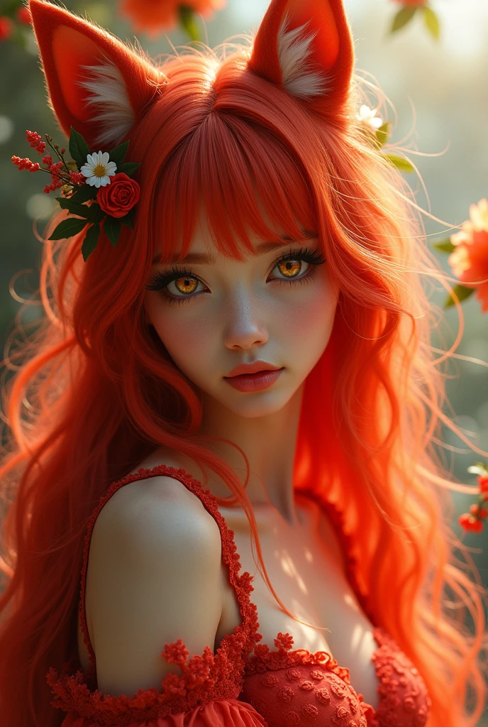 Beautiful scarlet wolf girl, Arnouveau style, fondness, scarlet Wolf ears, red hair is long, sunlight rays, airiness, grace, Floral ornament, хмурая, angry, chiffon, Silk, Correct eye proportions, Expressive yellow eyes, long eyelashes, plump wet lips, Texture skins for the face, A lot of air, higly detailed, Doubleexposure, 30 thousand..., hyper realisitc, Hi-Def, soft-lighting
