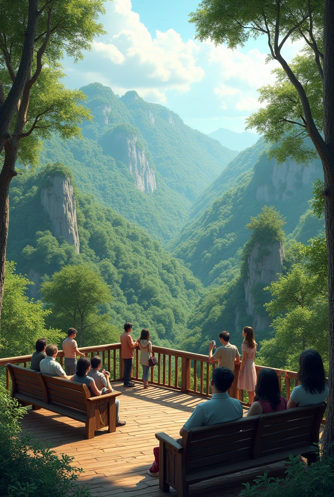wooden viewpoint to the forest, with people