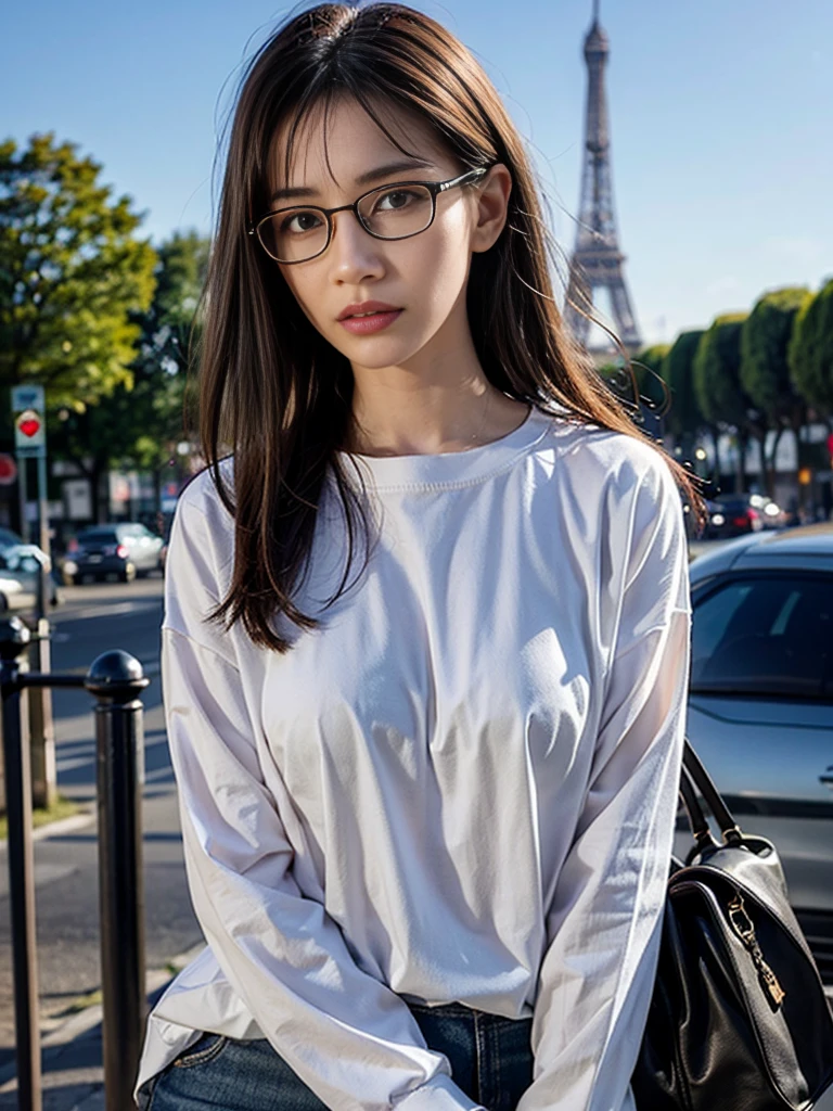 Photo of a beautiful woman standing on a street corner, (masterpiece:1.2, highest quality), (Realistic, photoRealistic:1.4), Beautiful illustrations, (Natural Side Lighting, Cinema Lighting), Written boundary depth, Beautiful thighs staring at the viewer, (((Face Focus, Upper Body))), 1 female, 30-year-old, alone, thin, slender, small breasts!!!, short hair, straight hair, Forehead, thin, slender, (((glasses))), long sleeve T-shirt, Denim skirt, Are standing, Paris near eifel tower on a clear day with busy street in the foreground