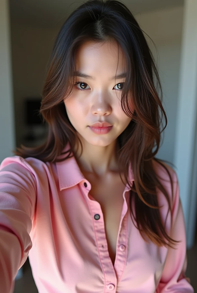 araffes taking a selfie of a woman in a pink shirt, a picture inspired by Shi Rui, reddit, tachisme, 2 , 2263539546], showing her face, highly realistic. live cam, 2, she is facing the camera, 2 , sexy look at the camera