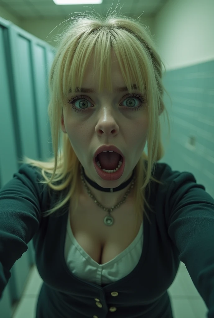 selfie, extreme close up photo, 18 yearvold irish girl,hourglass figure,  breasts, seducing in a school bathroom, blonde pigtails, choker, horrified expression, screaming, pale skin, looking at viewer, school uniform, (cinematic:1.3), intricate details, (ArtStation:1.2)


