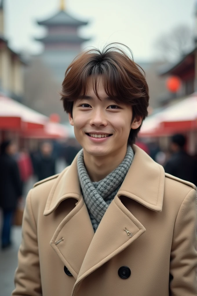 Real life, White young man with brown hair, Bangs in the hair, emo Brown hair, beige long coat, real life, realistic, smile, retrô , Japan festival background,, REAL LIFE