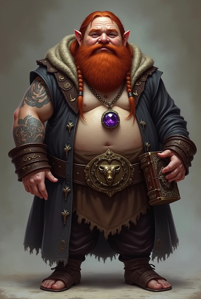 create a fantasy dwarf rpg. A corpulent dwarf, with medium beard and braided hair, both redheads. He has a large tattoo on his left arm with rounded ears.. He wears a necklace with a large amethyst around his neck., given by his father as a symbol of good luck.
He carries a magical grimoire and wears a belt with a metal buckle engraved with a goat.. He wears robes of fine, dark-colored fabric..