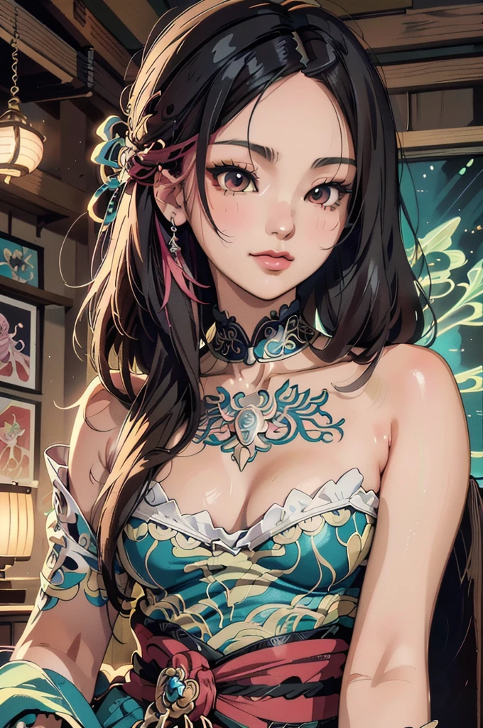 ((Ultra detailed, best resolution, best quality, insane amount of detail)) ((art nouveau mixed with anime)), high contrast colors, intricate details, --ar 1:1, cinematic composition.
A close-up, beautiful woman, sweet, black hair, long straight hair, dominant, brown eyes, dominant eyes, eye contact, sweet, adult, thick eyebrows, shy smile, black eyeliner, romantic, tall, model, posing. Intense and evocative in the retro Japanese anime style of the 80s and 90s of a college student.
Intricate details, insanely detailed, hyper maximalist, extremely detailed with rich colors. Masterpiece, HDR, UHD, unreal engine. 8K ultra detail, 8k Ultra HD. A digital illustration of the anime style, small smile, luminism, 3D rendering, octane rendering, cinematic, incredible colors.