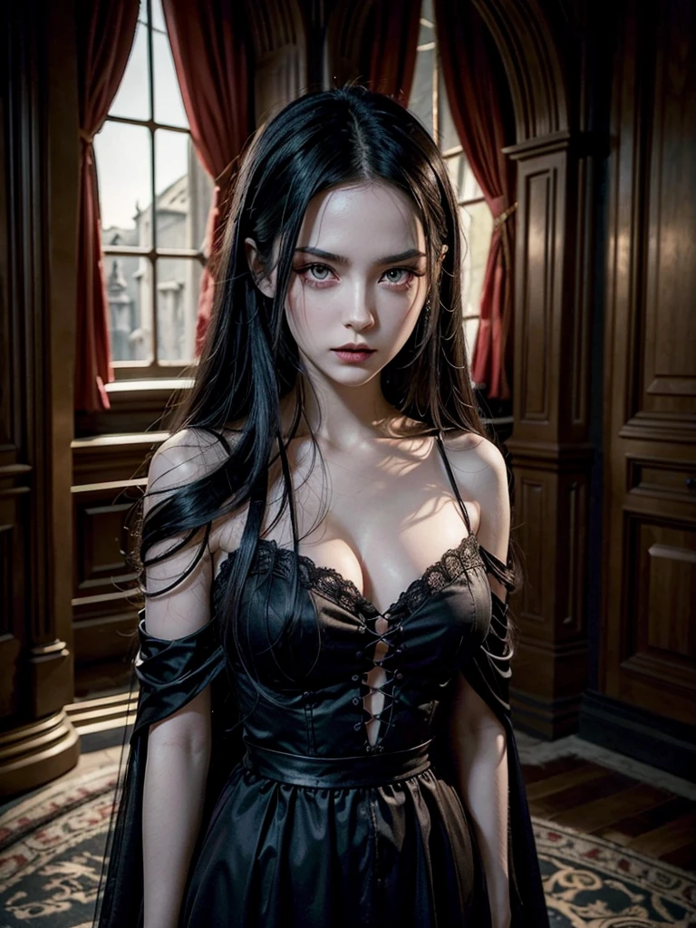 Create a stylish and powerful vampire, with long black hair and bright red eyes. Your skin is pale and flawless, and she wears a sophisticated gothic dress, Dark in color, with subtle silver or red details. next to her, include another girl with a puzzled or scared expression, with hair and clothes that contrast with the vampire, perhaps in lighter tones or with a more modern style. The background should be a dark and mysterious environment., like an ancient castle or a mansion, with soft lighting that highlights the figures.