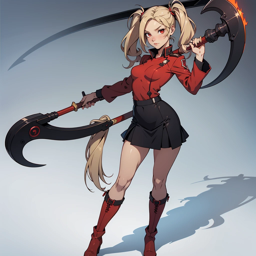 Very detailed, neutral facial expression, small breasts, full body view, blonde hair with long twintails, red eyes, looking at viewer, black and red uniform, skirt, black boots, holding scythe, combat pose.
